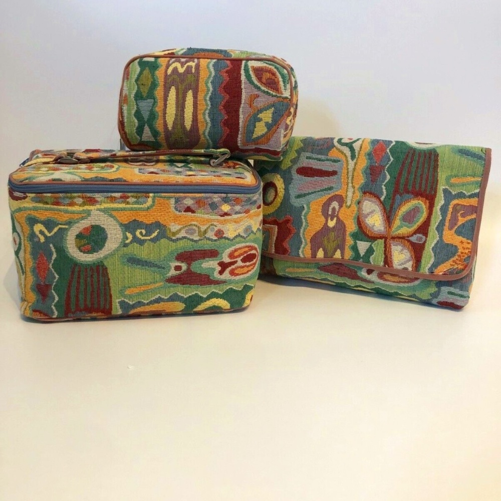 BRAND NEW VINTAGE Neiman Marcus Tapestry Cosmetic Travel Bags Set of Three NOS!
